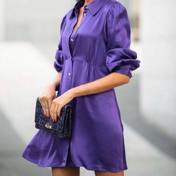 Zara Purple Satin Effect Jewel Buttoned Mini Dress Size L - Picture 5 of 12